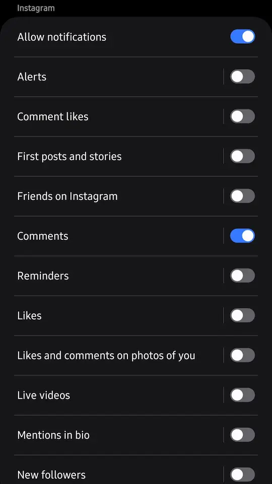 Notification categories in Instagram